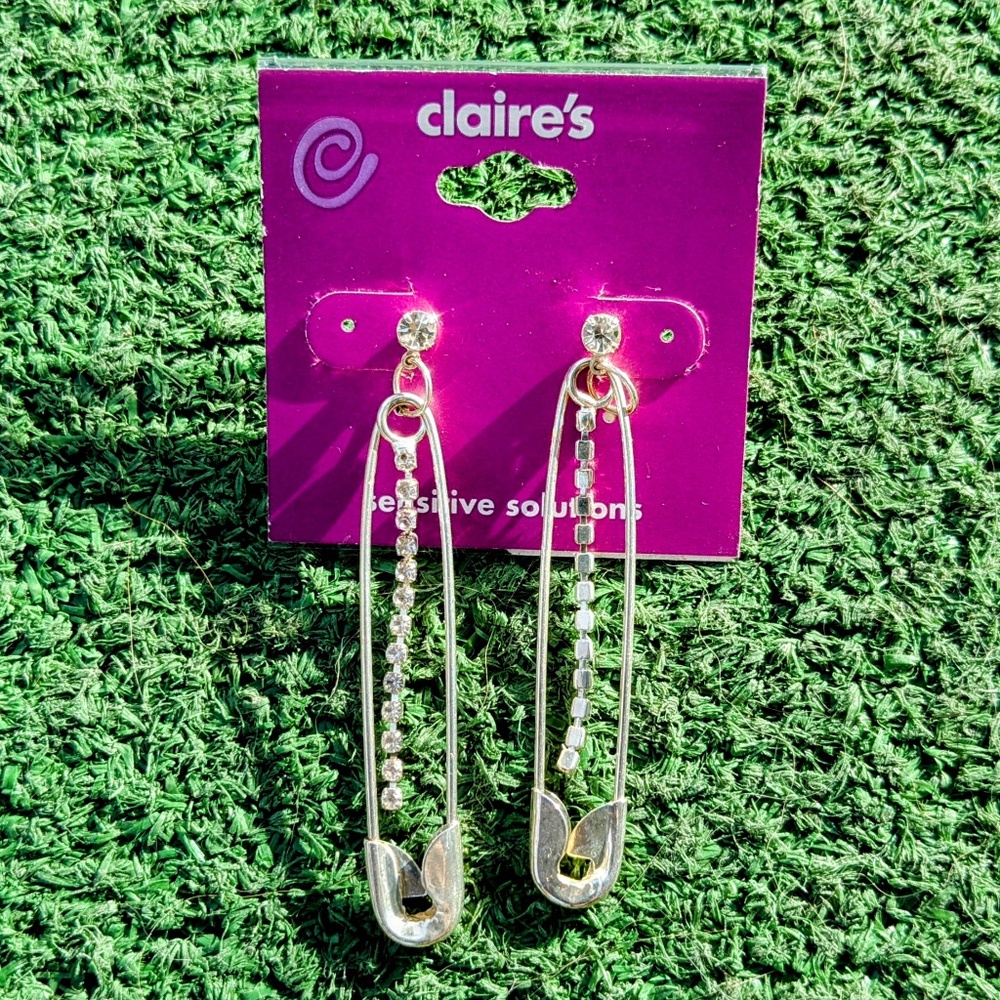 Claire's Safety Pin Rhinestone Dangle Drop Sensitive Solutions Earrings Pair NIP